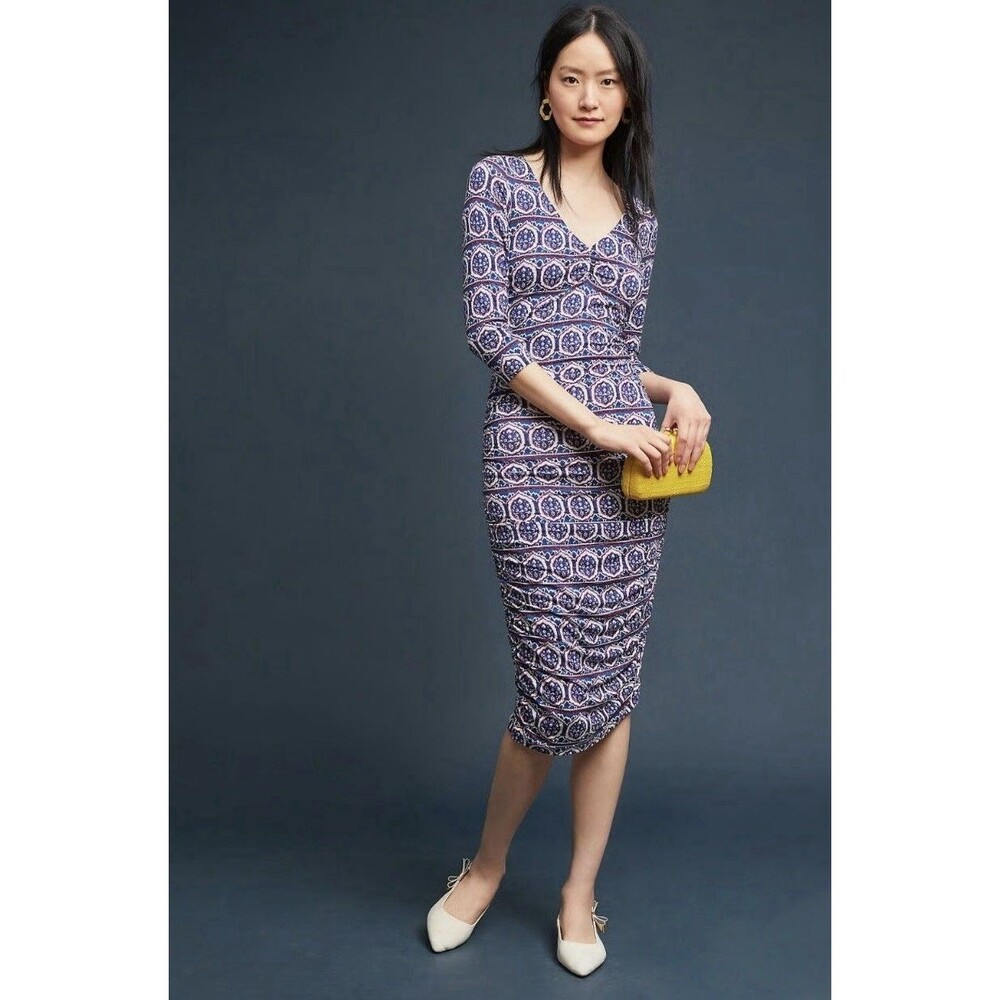 MOULINETTE SOEURS Anthropologie‎ Medea Geometric Midi Dress Stretch V-Neck XS